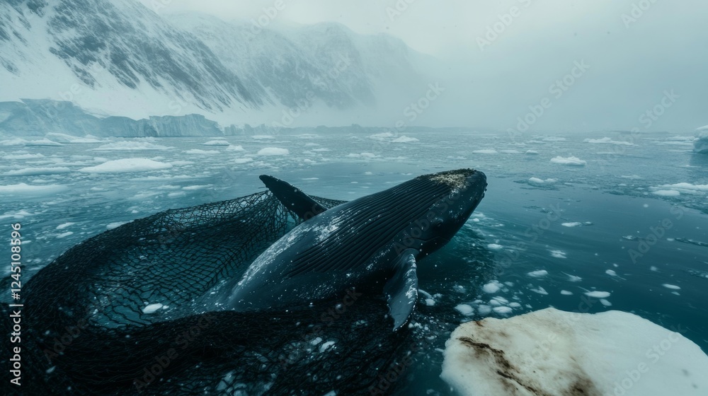 Fototapeta premium A dramatic encounter of a whale surfacing near a fishing net in icy waters, showcasing the fragility of polar ecosystems,
