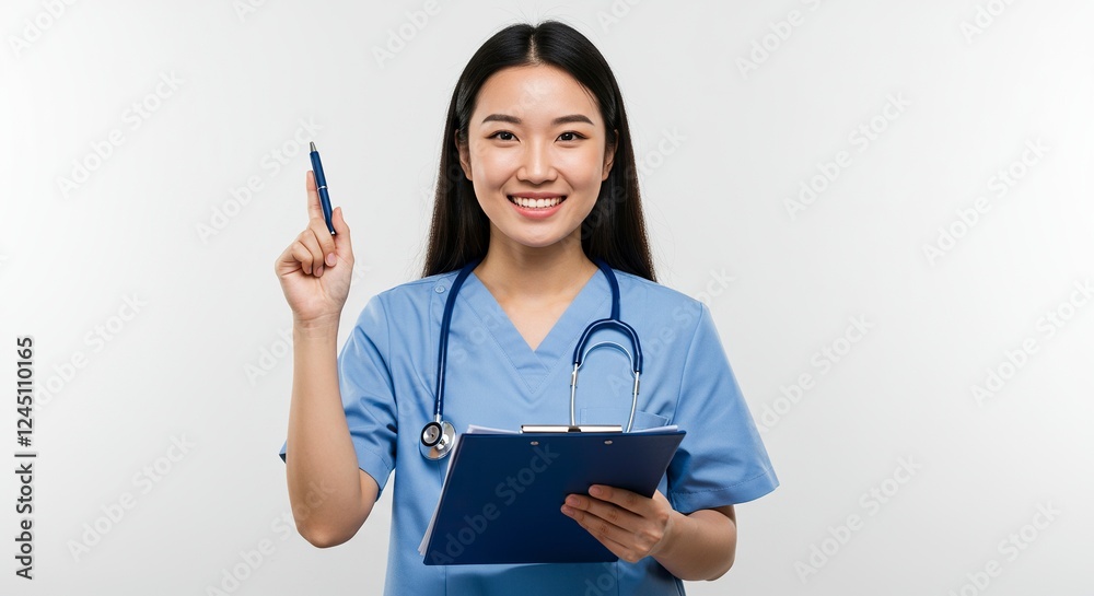 Smiling Female Doctor Holding Clipboard and Pen Smiling Female Doctor Holding Clipboard and Pen