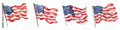 Waving American flags in vibrant colors, symbolizing patriotism and freedom, isolated on transparent background.