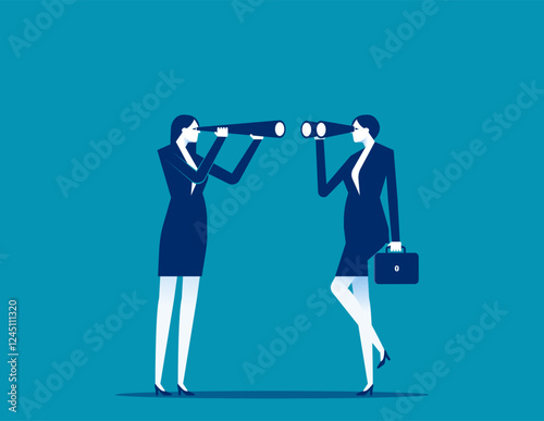 Two business person looking at each other with binoculars. Business observed vector flat style