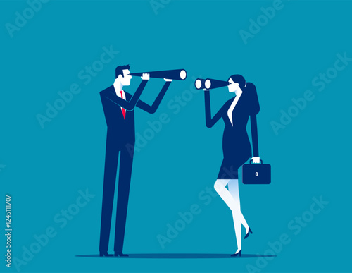 Two business person looking at each other with binoculars. Business observed vector flat style
