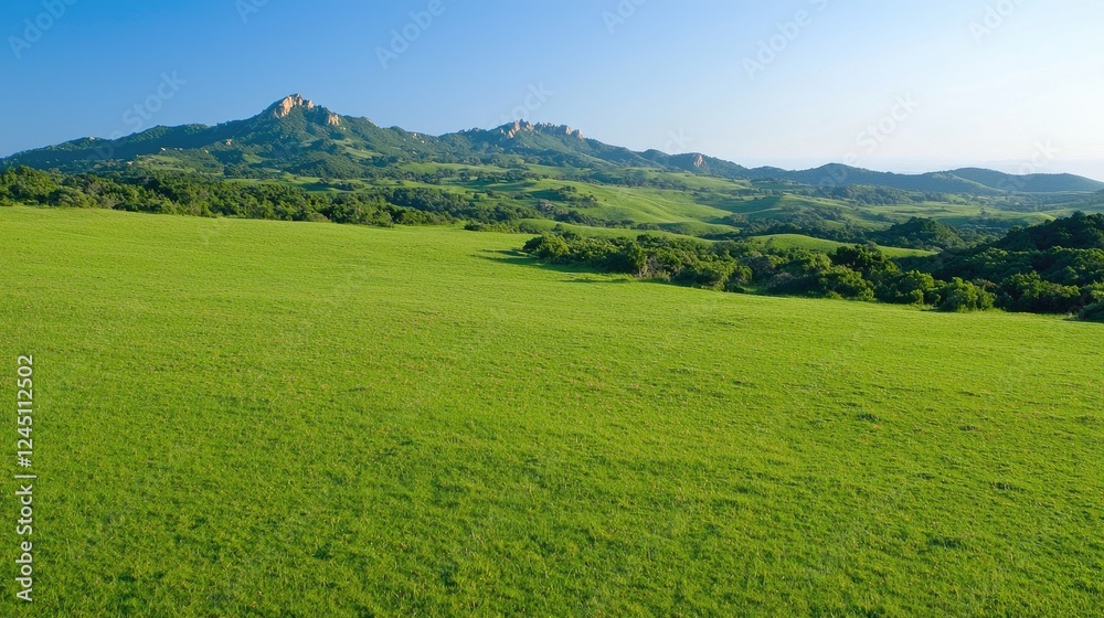 Lush green pasture, distant mountains, sunny day, peaceful landscape, ideal for travel brochures Lush green pasture, distant mountains, sunny day, peaceful landscape, ideal for travel brochures