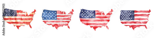 Watercolor map of USA with American flags, showcasing patriotism and unity, isolated on transparent background.