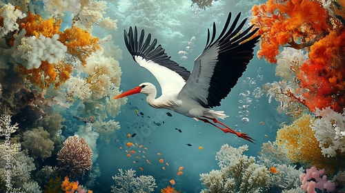 White Stork Soaring Over Vibrant Coral Reef: Underwater Digital Painting AI Generated