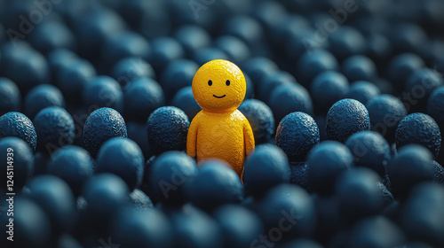 A single happy yellow figure stands out among many dark blue figures.  It symbolizes uniqueness, individuality, and standing out from the crowd.