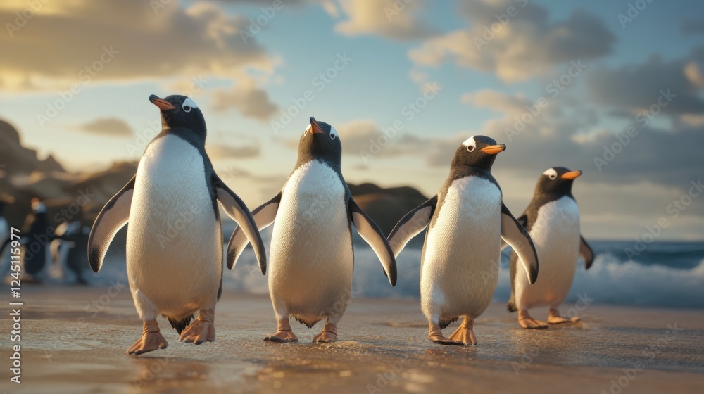 Fototapeta premium A family of penguins waddling towards the ocean, preparing for a synchronized dive,