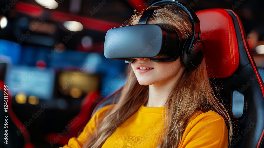 Young Woman in Yellow Sweater Using Virtual Reality Headset in Gaming Room
