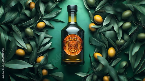 Olive Oil Bottle Surrounded by Olive Branches and Olives