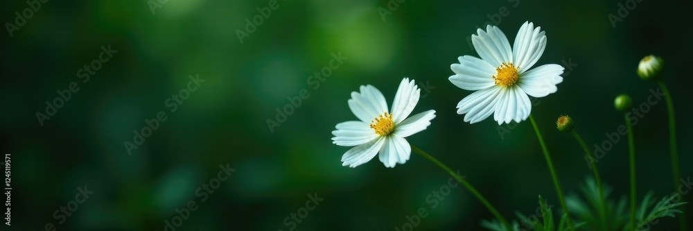 Fototapeta premium delicate white cosmos flower stems against a dark green leafy backdrop, bloom, details