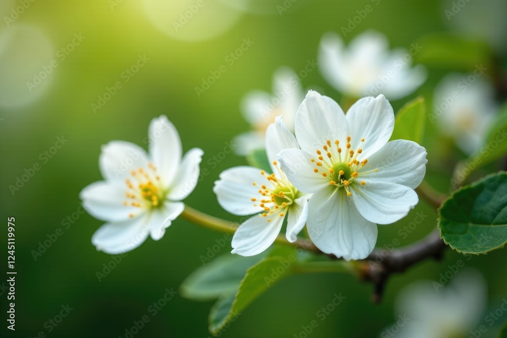 Delicate white flowers with yellow pollen on a bush, blooming tree, white flowers Delicate white flowers with yellow pollen on a bush, blooming tree, white flowers