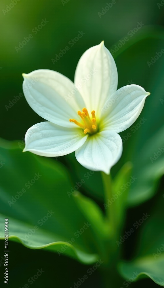 Delicate white flower with intricate details on green leafy base, greens, spring Delicate white flower with intricate details on green leafy base, greens, spring