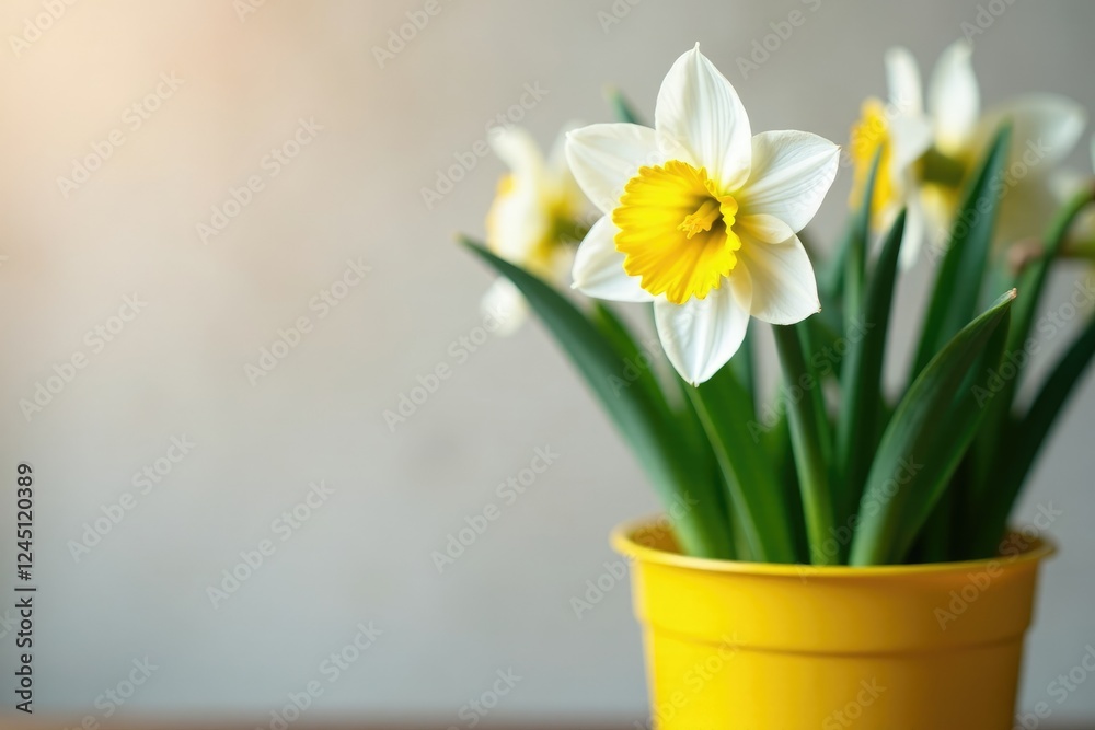 delicate white petals unfolding in yellow plastic pot, container gardening, daffodil delicate white petals unfolding in yellow plastic pot, container gardening, daffodil