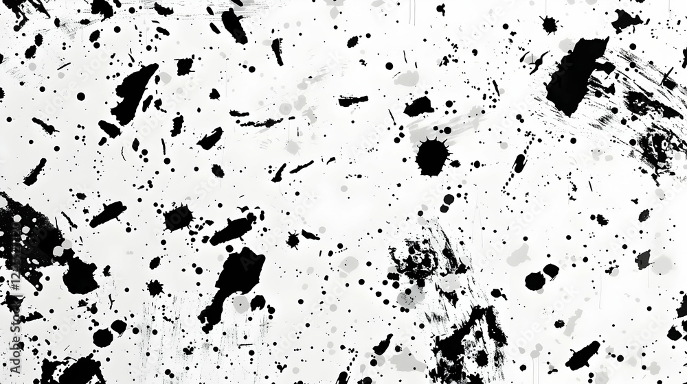 Abstract monochrome splatter art with random black paint droplets on a white background Abstract monochrome splatter art with random black paint droplets on a white background