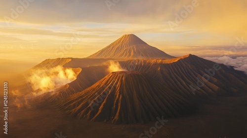 A famous volcano captured during the golden hour, with clouds rolling over its peak, photo