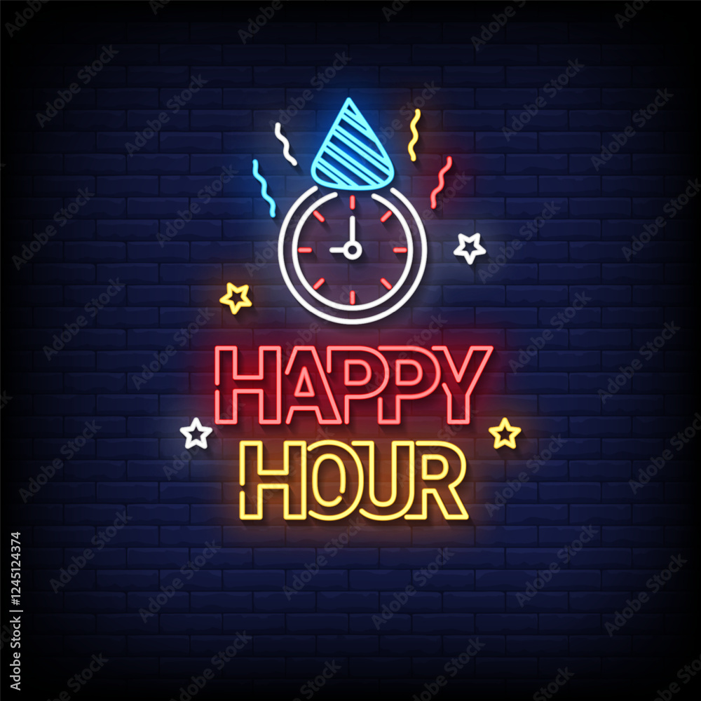 Fotografie happy hour neon sign with brick wall background vector