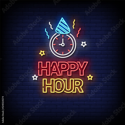 happy hour neon sign with brick wall background vector