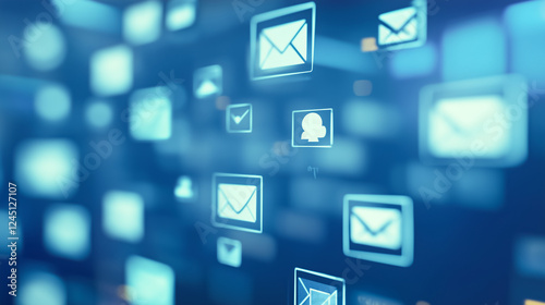 Email marketing concept with floating envelope icons on a digital blue background, symbolizing online communication and newsletters.