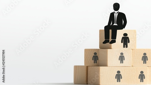 Man balancing on tower of wooden blocks, test of skill, strategy and risk taking in precarious situation photo