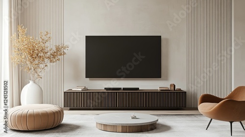 Minimalist TV stand in earth tones, combined with a floating shelf and intricate fluted paneling. The setup is in a modern, airy living room
