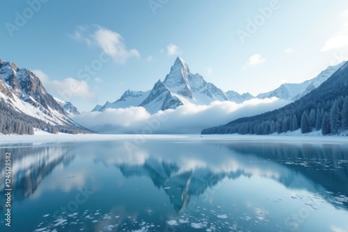 Snowy clouds conceal Zugspitze peak on icy lake surface, cloud, serene, peaceful