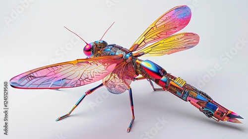 Cybernetic Dragonfly: A mesmerizing blend of nature and technology, a metallic dragonfly with iridescent wings, constructed from intricate circuitry and components.