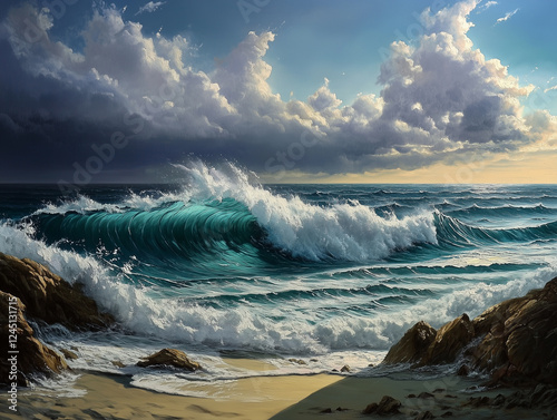  Stormy Beach with Waves and Dramatic Cloudscape