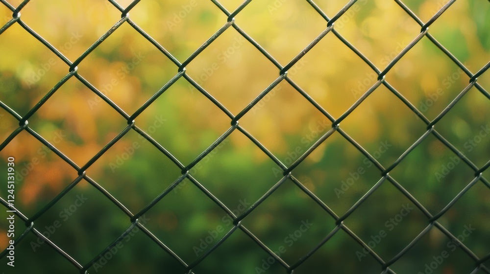 Black chain link fence framing blurry trees and grass background Black chain link fence framing blurry trees and grass background