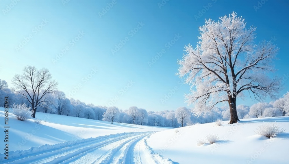 Snowy landscape with bare trees under a bright blue sky, icy, serene, frosty Snowy landscape with bare trees under a bright blue sky, icy, serene, frosty
