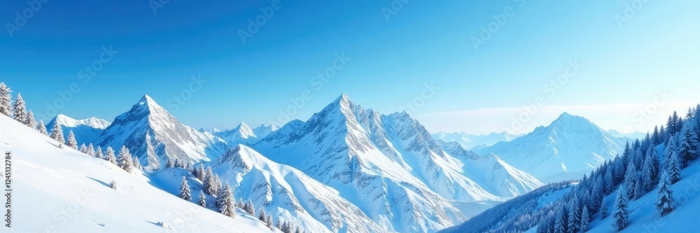 Obraz premium Snowy mountain peaks stretching towards a bright blue sky, snowy peaks, blue sky, winter scenery