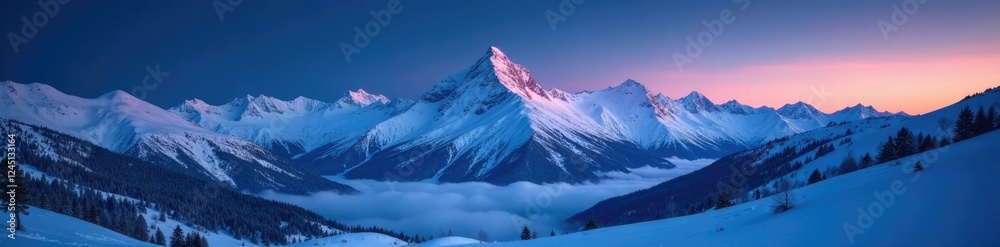 Fototapeta premium Snowy peaks of Carpathian Mountains bathed in milky glow, snowy mountains, peaceful, night sky