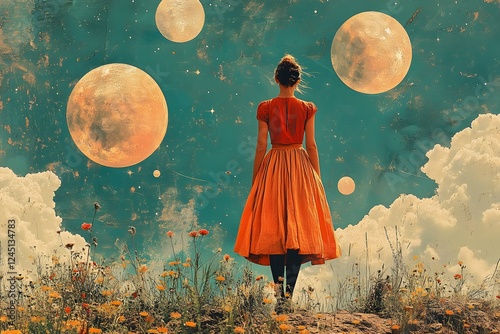 Woman in orange dress gazing at surreal moons over a flower field