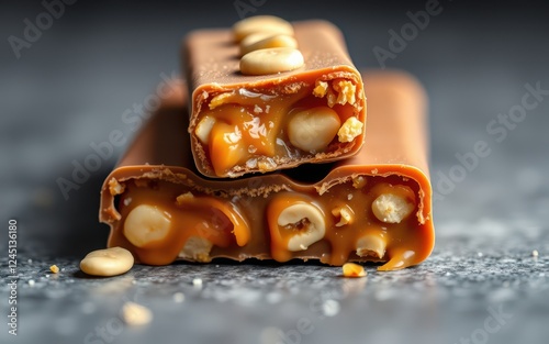 Two chocolate bars with caramel and peanuts are stacked on a gray surface photo