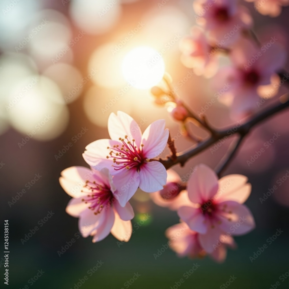 warm sunlight illuminating a blooming tree branch, delicate petals, tree branches