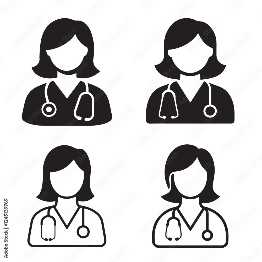 Four female doctor icons wearing stethoscopes Four female doctor icons wearing stethoscopes