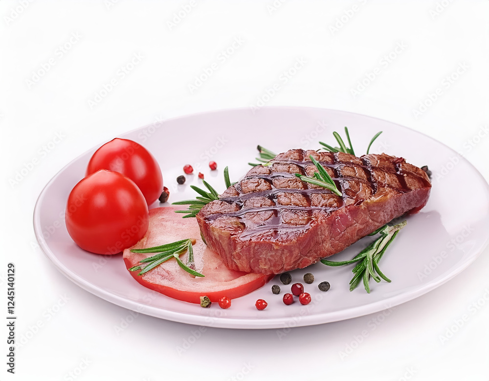 Beef steaks with rosemary and tomatoes. Isolated on a white background. Beef steaks with rosemary and tomatoes. Isolated on a white background.