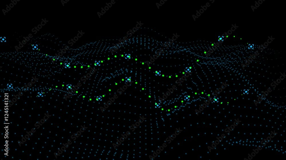 Abstract digital particle wave with glow effect. Glitter blue particles abstract background