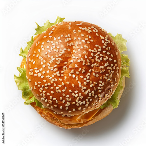 Top view shot of a hamburger bread bun, isolated on white background. The freshly baked, golden brown color and a sprinkling of sesame seeds on top.