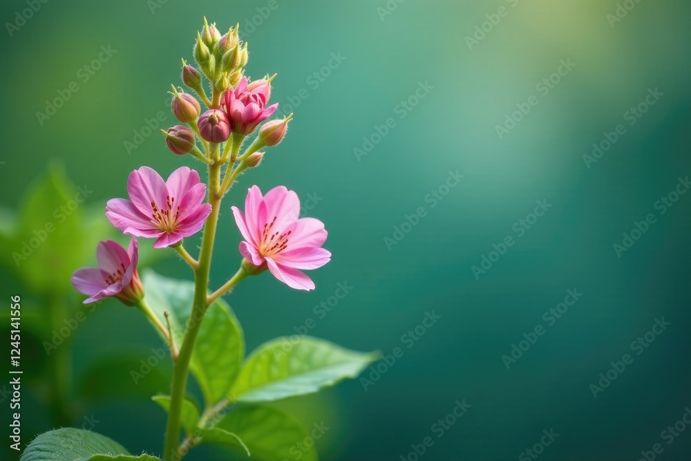 Obraz premium Delicate stems with pink flowers and green leaves, cyan, leafs