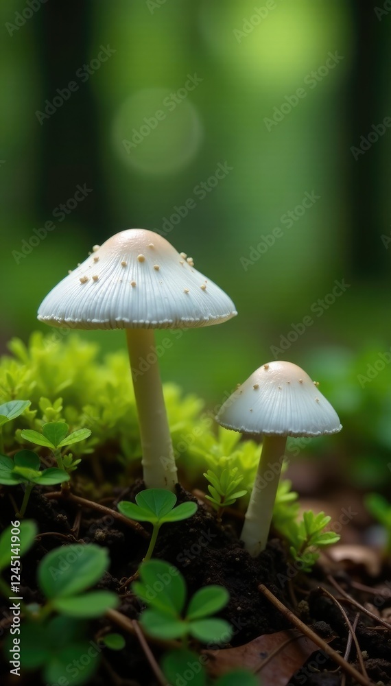Delicate white caps rising from forest floor among cedar needles, nature, woodland, mushrooms Delicate white caps rising from forest floor among cedar needles, nature, woodland, mushrooms