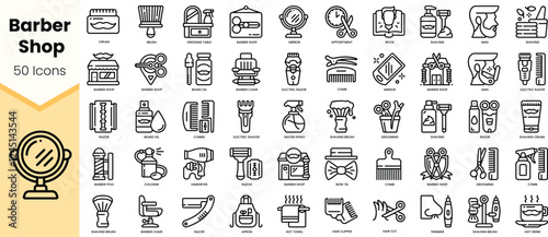 A collection of 50 minimalist line icons related to barber shops, featuring tools, products, and services for grooming.
