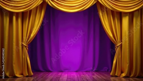 Golden drapes hang majestically behind a purple backdrop, stage setup, elegance, gold photo