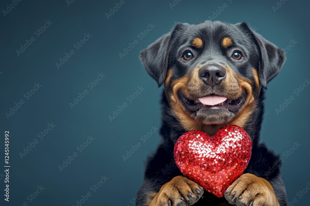 Obraz premium Cute rottweiler dog with sparkling rhinestones red heart - emblem of love, funny greeting card. Rottweiler - my cherished dog. Digital ads idea. Cute puppy pictures. Puppy valentine card ideas.