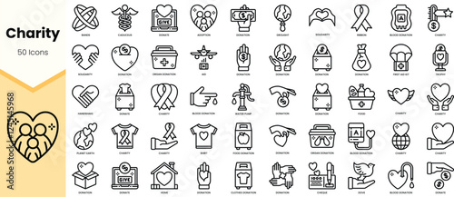 A diverse collection of 50 charity icons showcasing love, support, and community engagement through various symbols and graphics.