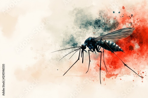 Watercolor Painting Of A Mosquito, Detailed And Dramatic, With A Splattered Background.