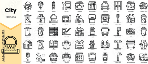 A collection of 50 urban icons featuring various city elements in a clean line art style. photo