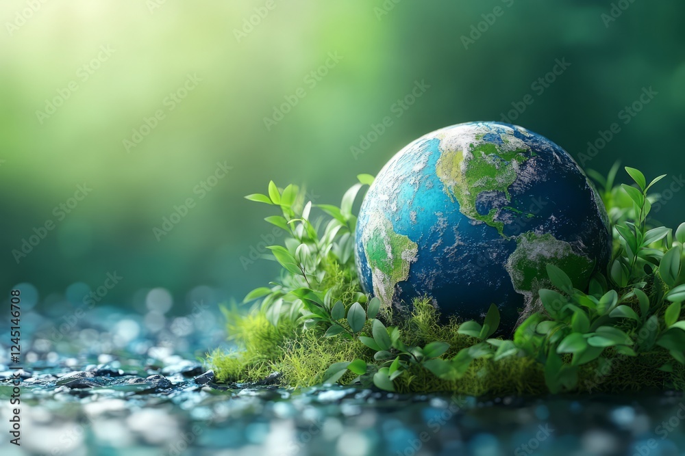 Earth Globe Surrounded By Lush Greenery Earth Globe Surrounded By Lush Greenery