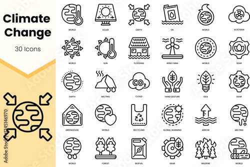 A collection of 30 climate change icons illustrating various environmental concepts like renewable energy, recycling, and global warming.