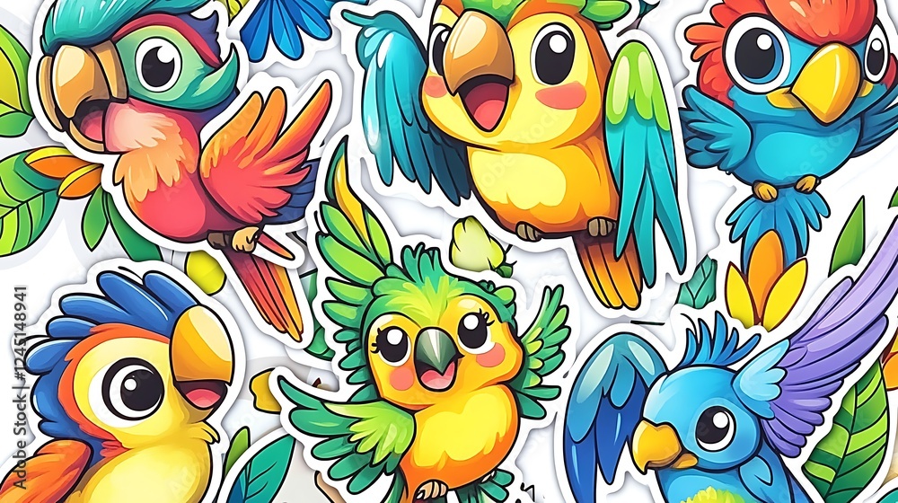 Obraz premium Vibrant Hand-Drawn Illustration of Playful Parrots in Tropical Setting AI Generated