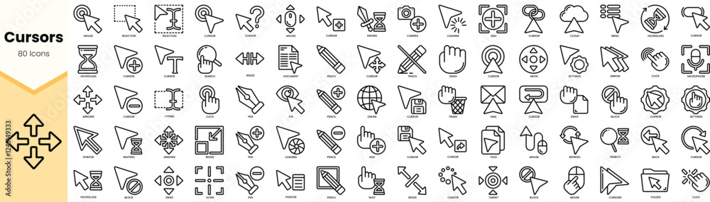 A collection of 80 cursor icons presented in a minimalist design, showcasing various styles and functions. A collection of 80 cursor icons presented in a minimalist design, showcasing various styles and functions.