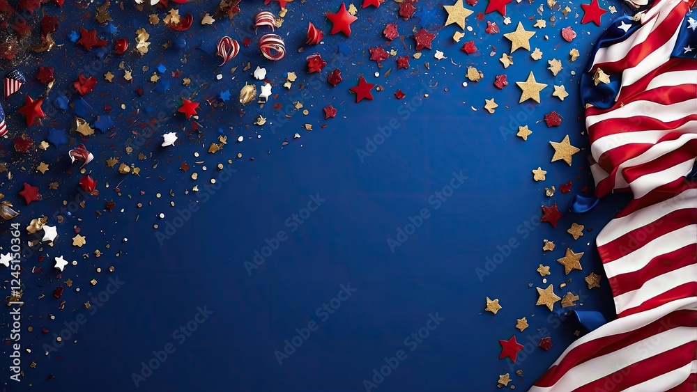 Fototapeta premium A festive, flat lay composition featuring red, white, and blue striped ribbons,